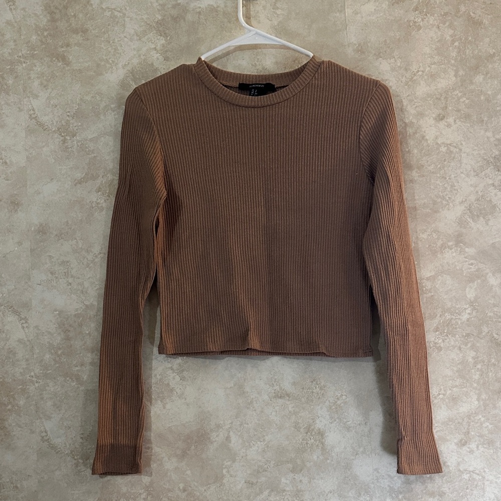 Forever 21 Tan Ribbed Long Sleeve Crop Top